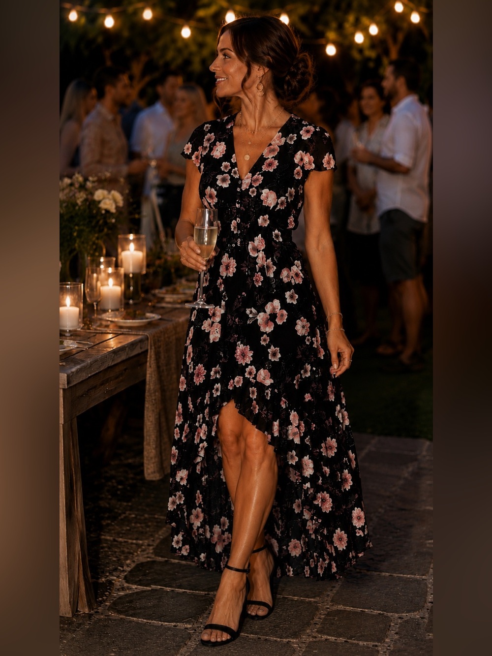 American Rag Black High-Low Maxi Dress with Pink Floral Print